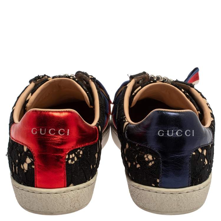 Pre Owned Gucci Black Lace/Satin Ace Web Crystal Embellished Sneakers Size 39