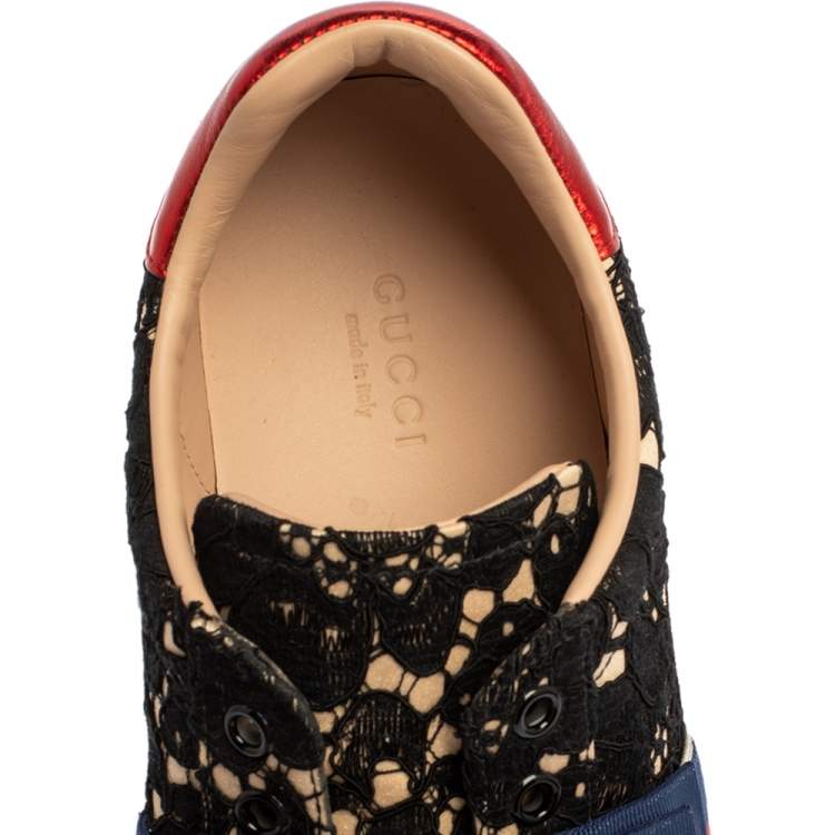 Pre Owned Gucci Black Lace/Satin Ace Web Crystal Embellished Sneakers Size 39