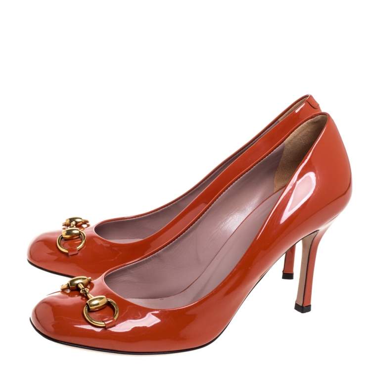 Gucci Orange Patent Leather Jolene Horsebit Pumps Size 38.5 Gucci The