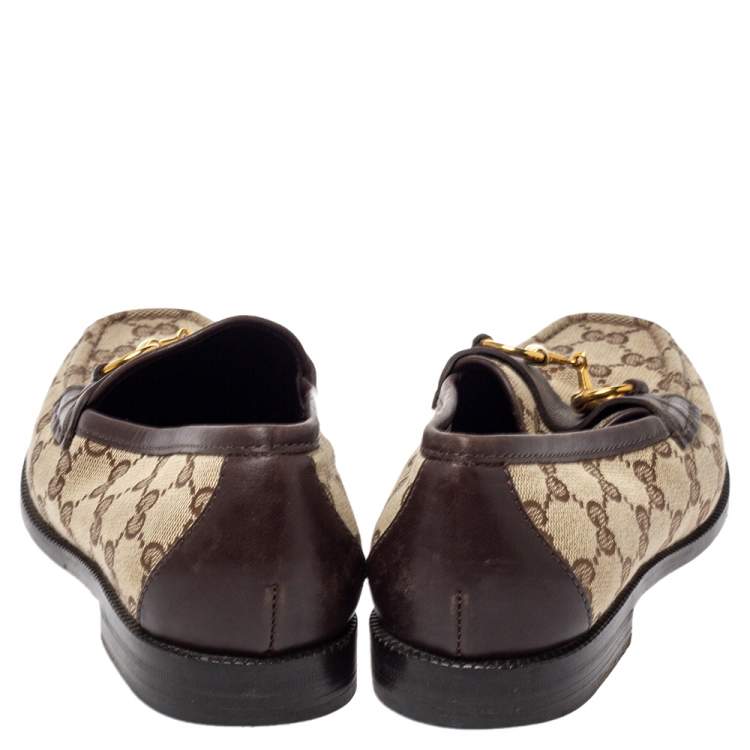 Pre Owned Gucci Brown GG Canvas and Leather Trim Horsebit Loafers Size 37