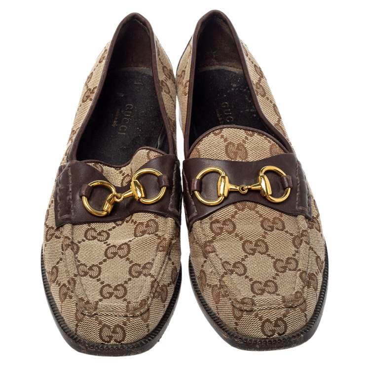 Pre Owned Gucci Brown GG Canvas and Leather Trim Horsebit Loafers Size 37