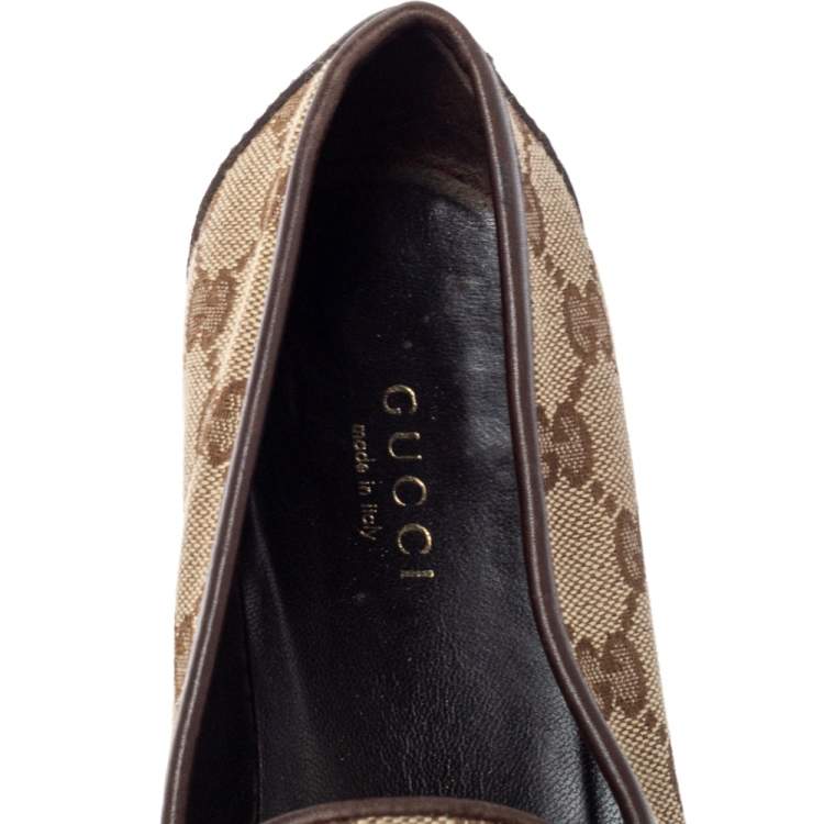 Pre Owned Gucci Brown GG Canvas and Leather Trim Horsebit Loafers Size 37