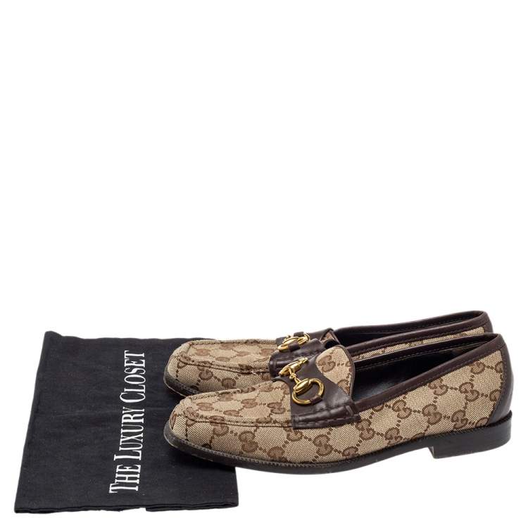 Pre Owned Gucci Brown GG Canvas and Leather Trim Horsebit Loafers Size 37