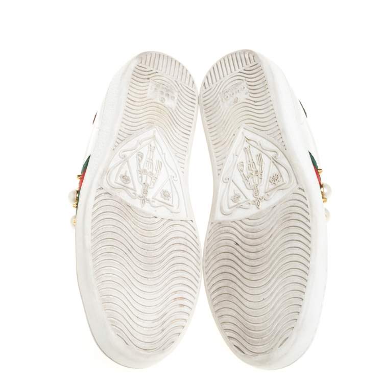Pre Owned Gucci White Leather New Ace Web Faux Pearl Embellished Low Top Sneakers Size 35