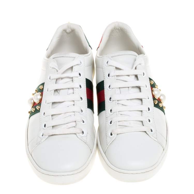 Pre Owned Gucci White Leather New Ace Web Faux Pearl Embellished Low Top Sneakers Size 35