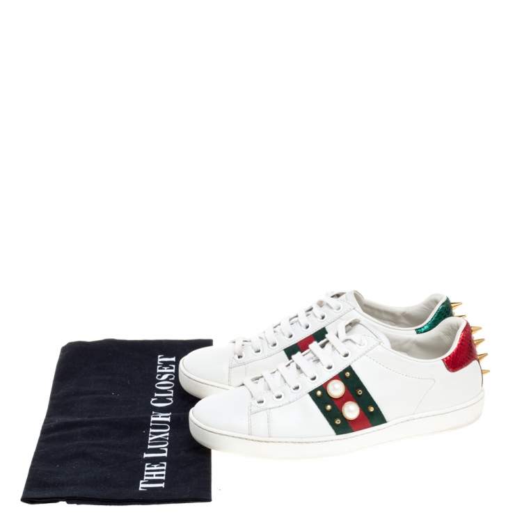 Pre Owned Gucci White Leather New Ace Web Faux Pearl Embellished Low Top Sneakers Size 35