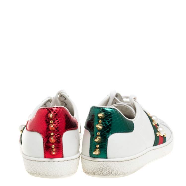 Pre Owned Gucci White Leather New Ace Web Faux Pearl Embellished Low Top Sneakers Size 35