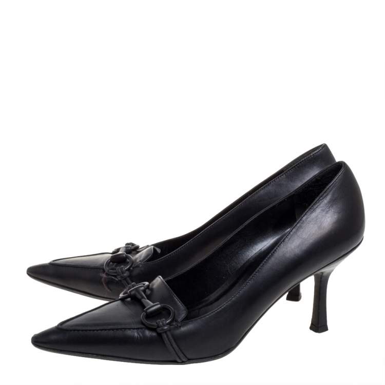 Gucci Black Leather Horsebit Pointed Toe Pumps Size 38.5