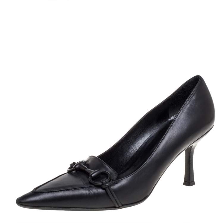 Gucci Black Leather Horsebit Pointed Toe Pumps Size 38.5