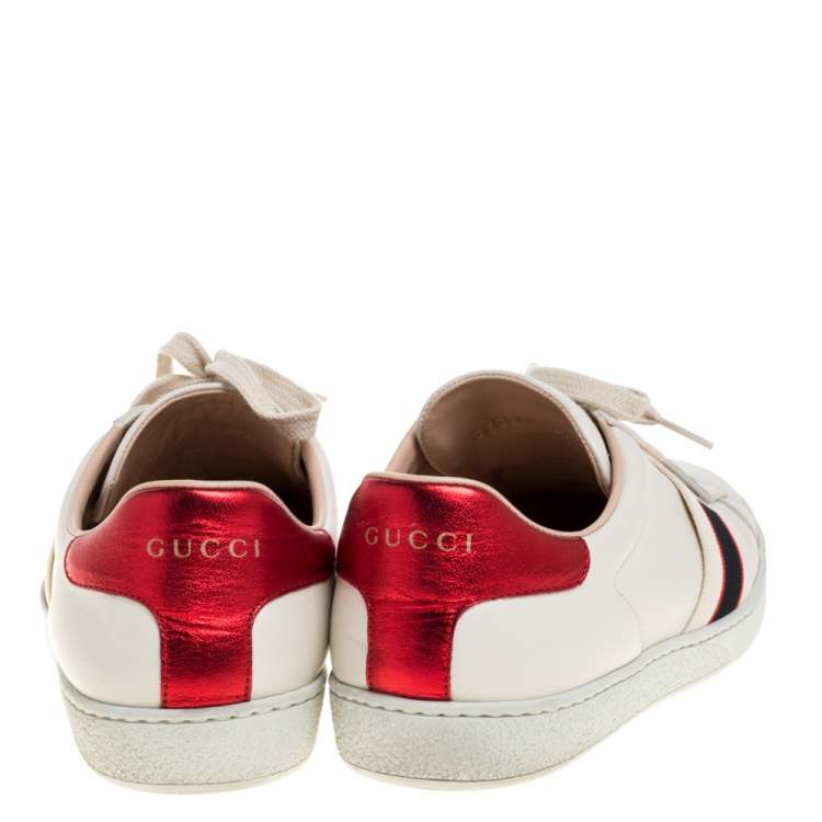Pre Owned Gucci White/Red Leather Ace Gucci Band Low Top Sneakers Size 37.5