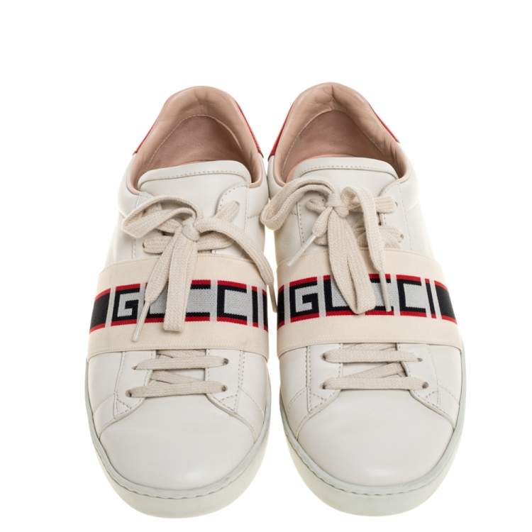 Pre Owned Gucci White/Red Leather Ace Gucci Band Low Top Sneakers Size 37.5