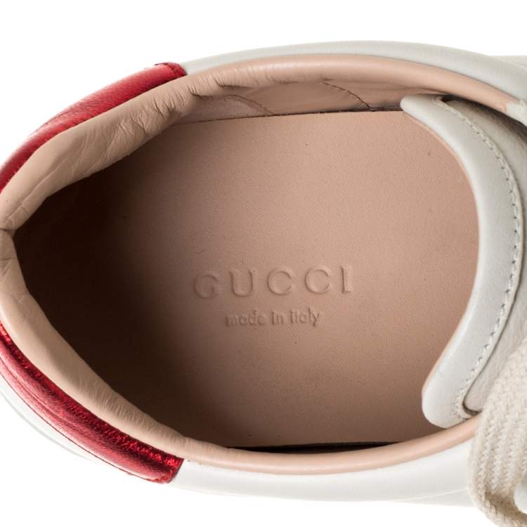Pre Owned Gucci White/Red Leather Ace Gucci Band Low Top Sneakers Size 37.5