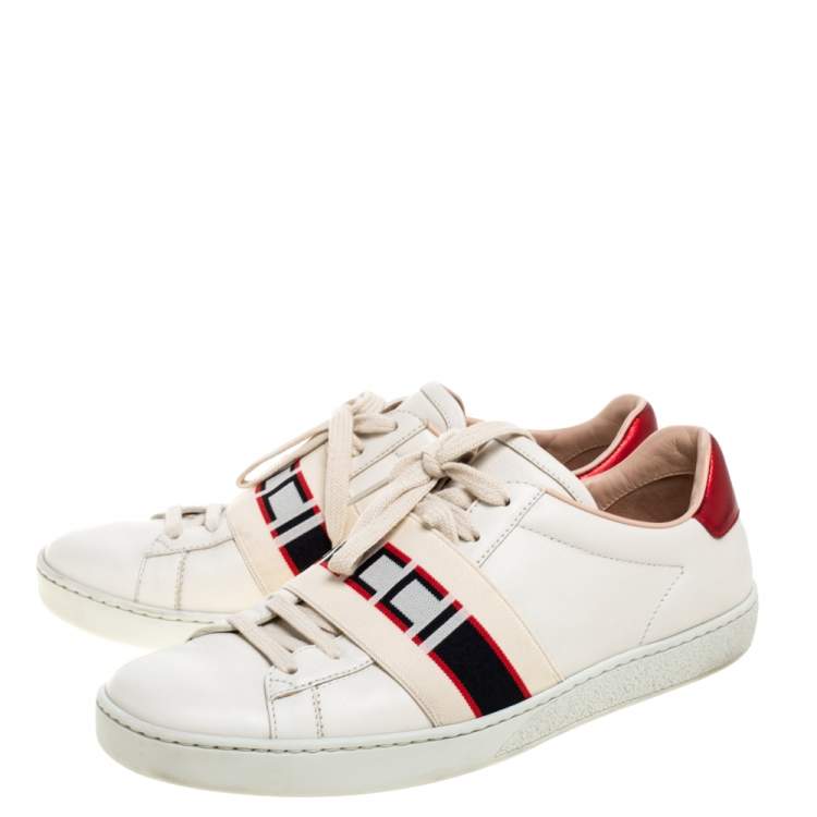Pre Owned Gucci White/Red Leather Ace Gucci Band Low Top Sneakers Size 37.5