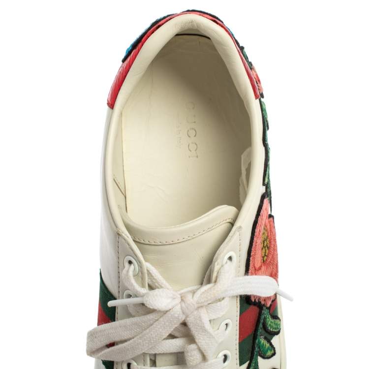 Pre Owned Gucci White Floral Embroidered Leather Ace Low Top Sneakers Size 40