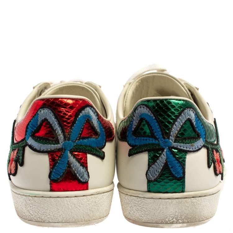 Pre Owned Gucci White Floral Embroidered Leather Ace Low Top Sneakers Size 40
