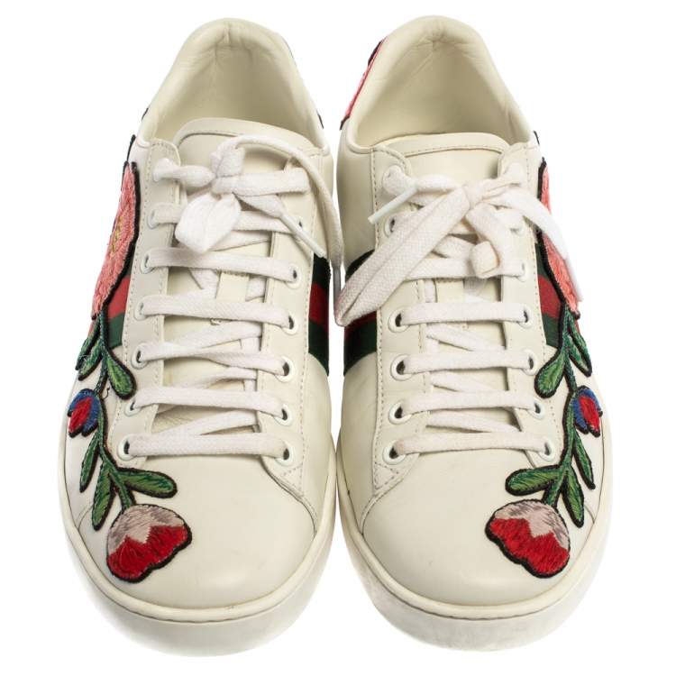 Pre Owned Gucci White Floral Embroidered Leather Ace Low Top Sneakers Size 40