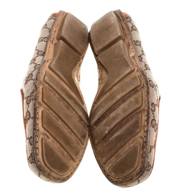 Pre Owned Gucci Orange/Beige GG Canvas and Leather Vintage Loafers Size 39