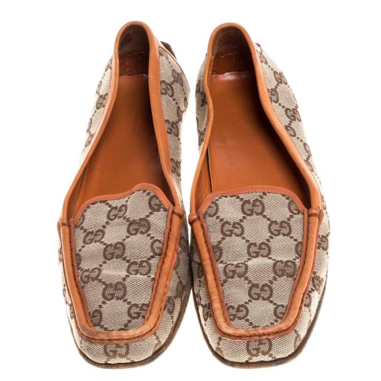Pre Owned Gucci Orange/Beige GG Canvas and Leather Vintage Loafers Size 39