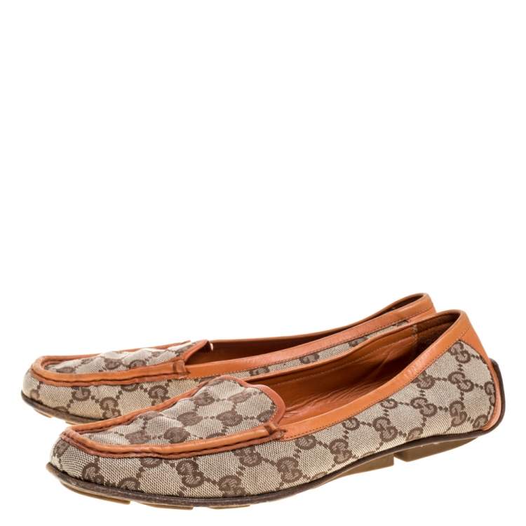 Pre Owned Gucci Orange/Beige GG Canvas and Leather Vintage Loafers Size 39