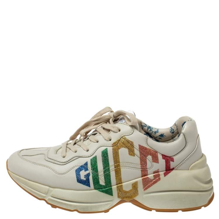 Pre Owned Gucci White Leather Glitter Rhyton Lace Up Sneakers Size 40