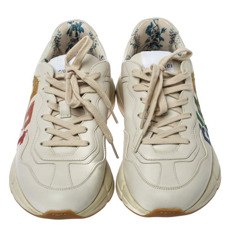 Pre Owned Gucci White Leather Glitter Rhyton Lace Up Sneakers Size 40