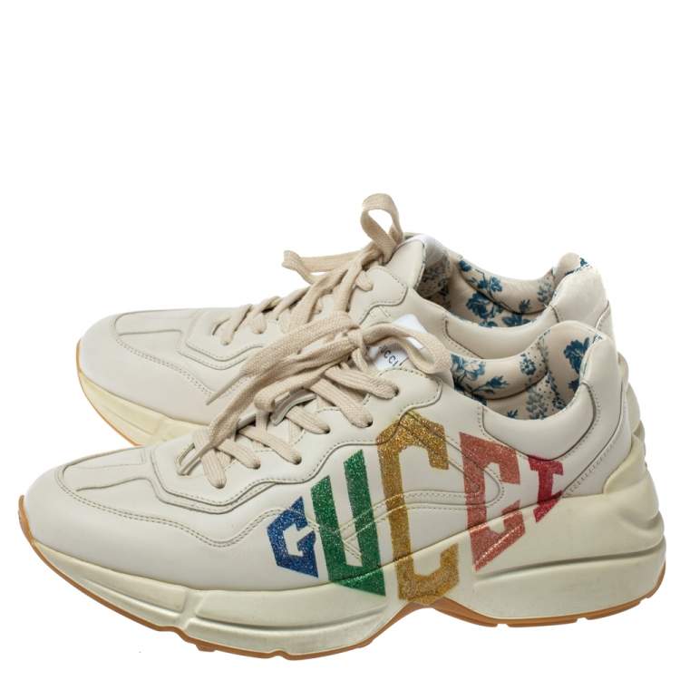 Pre Owned Gucci White Leather Glitter Rhyton Lace Up Sneakers Size 40