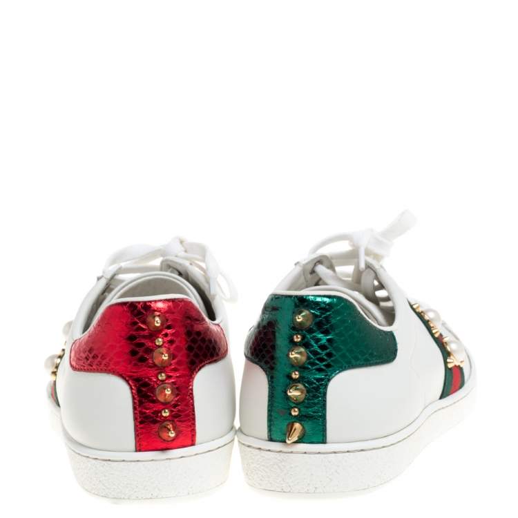 Pre Owned Gucci White Leather New Ace Web Pearl Embellished Low Top Sneakers Size 40