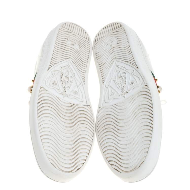 Pre Owned Gucci White Leather New Ace Web Pearl Embellished Low Top Sneakers Size 40