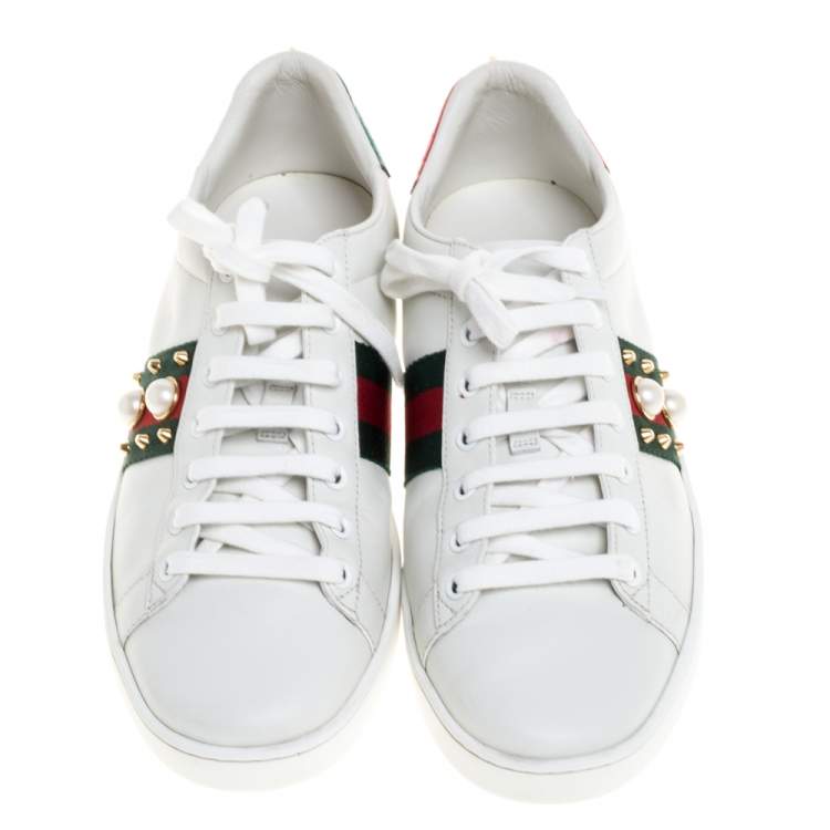 Pre Owned Gucci White Leather New Ace Web Pearl Embellished Low Top Sneakers Size 40