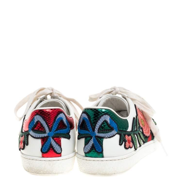 Pre Owned Gucci White Floral Embroidered Leather Ace Low Top Sneakers Size 35.5 