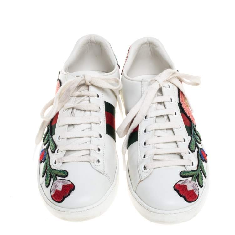 Pre Owned Gucci White Floral Embroidered Leather Ace Low Top Sneakers Size 35.5 