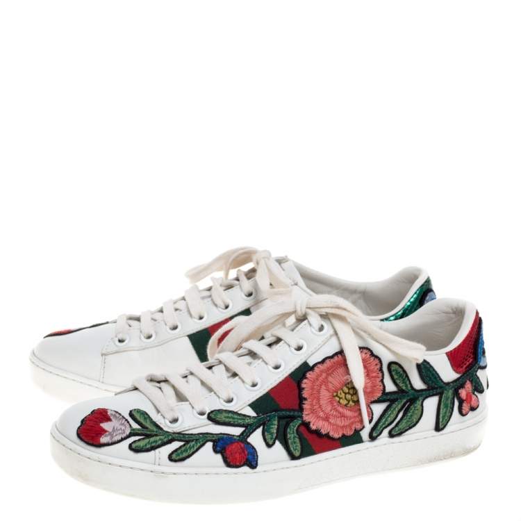 Pre Owned Gucci White Floral Embroidered Leather Ace Low Top Sneakers Size 35.5 