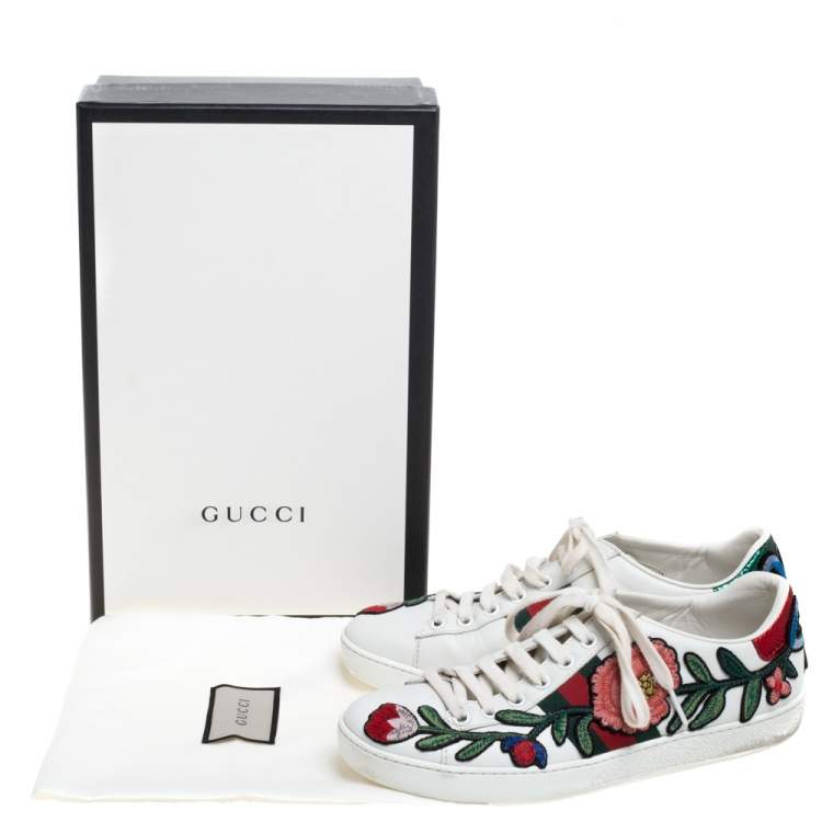 Pre Owned Gucci White Floral Embroidered Leather Ace Low Top Sneakers Size 35.5 