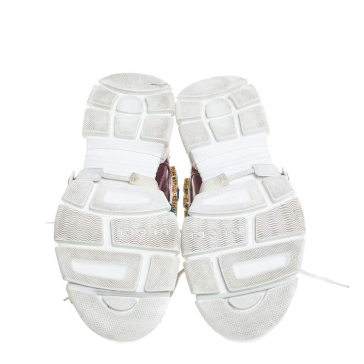 Pre Owned Gucci Metallic Purple Leather and Mesh Flashtrek Removable Crystals Sneakers Size 38