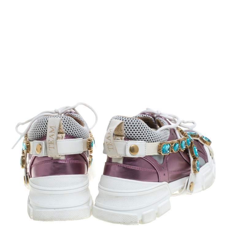 Pre Owned Gucci Metallic Purple Leather and Mesh Flashtrek Removable Crystals Sneakers Size 38