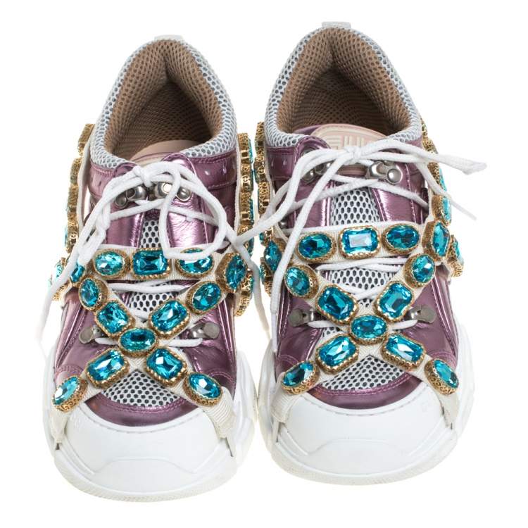 Pre Owned Gucci Metallic Purple Leather and Mesh Flashtrek Removable Crystals Sneakers Size 38