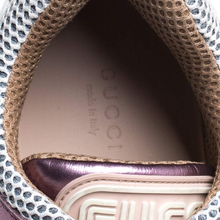 Pre Owned Gucci Metallic Purple Leather and Mesh Flashtrek Removable Crystals Sneakers Size 38