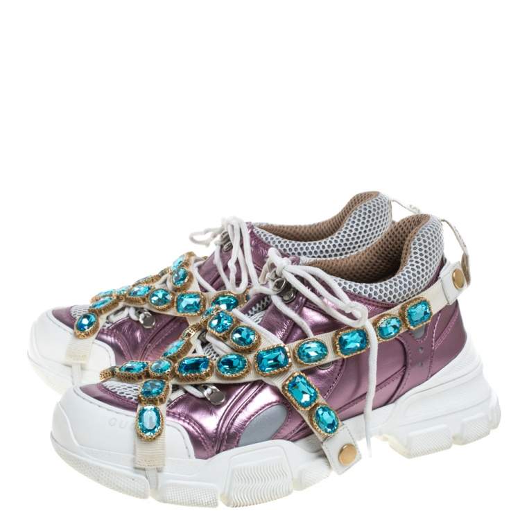 Pre Owned Gucci Metallic Purple Leather and Mesh Flashtrek Removable Crystals Sneakers Size 38