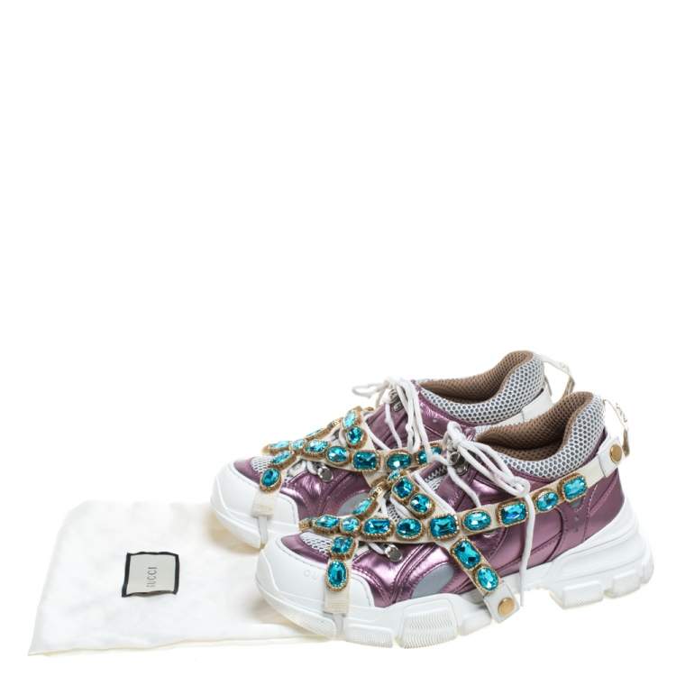 Pre Owned Gucci Metallic Purple Leather and Mesh Flashtrek Removable Crystals Sneakers Size 38