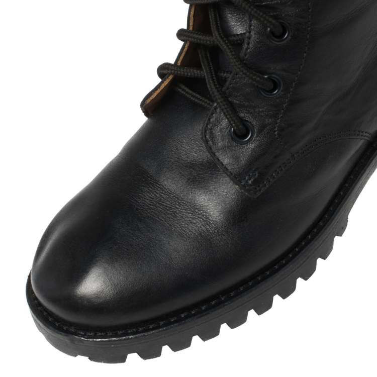 Pre Owned Gucci Deep Navy Leather Combat Boots Size 35