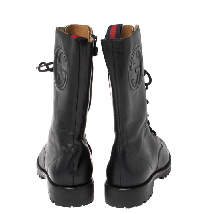Pre Owned Gucci Deep Navy Leather Combat Boots Size 35