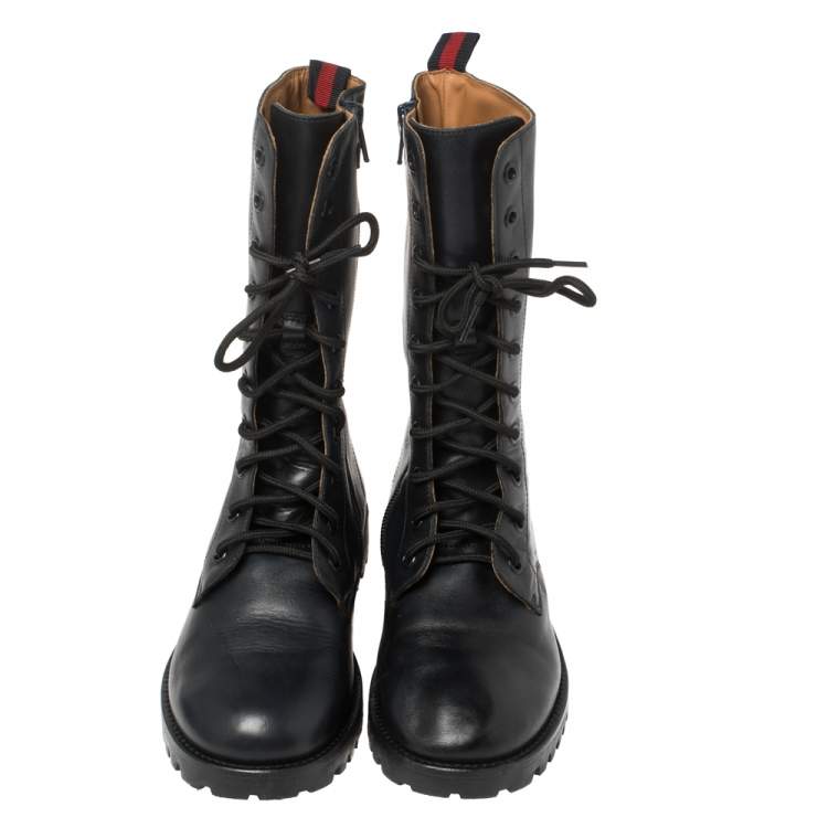 Pre Owned Gucci Deep Navy Leather Combat Boots Size 35