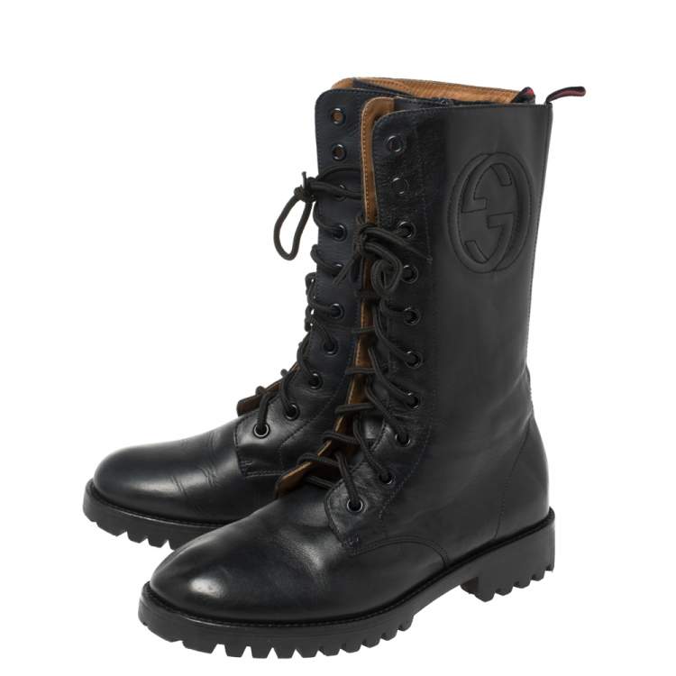Pre Owned Gucci Deep Navy Leather Combat Boots Size 35