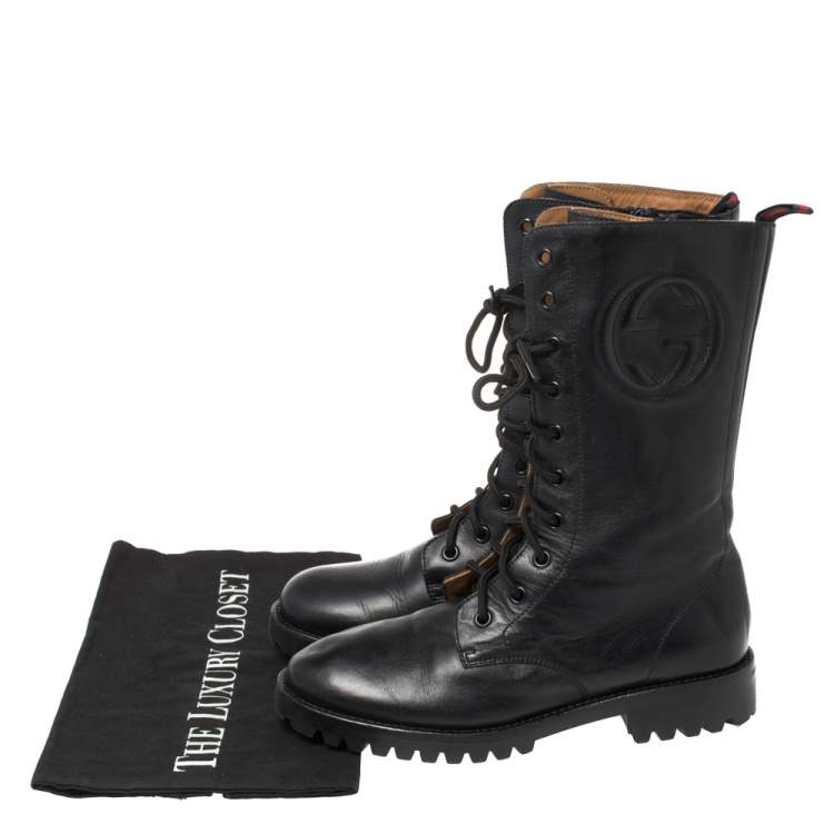 Pre Owned Gucci Deep Navy Leather Combat Boots Size 35