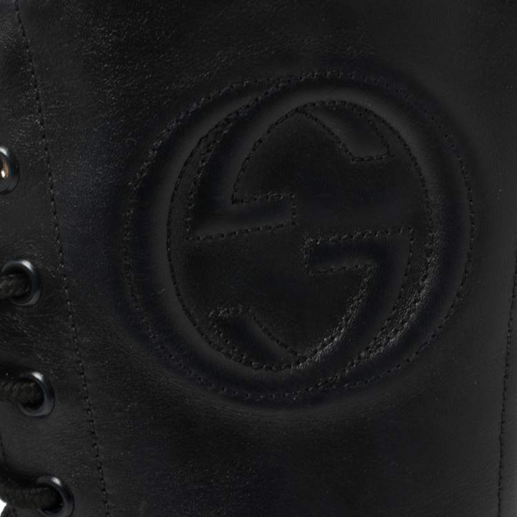 Pre Owned Gucci Deep Navy Leather Combat Boots Size 35