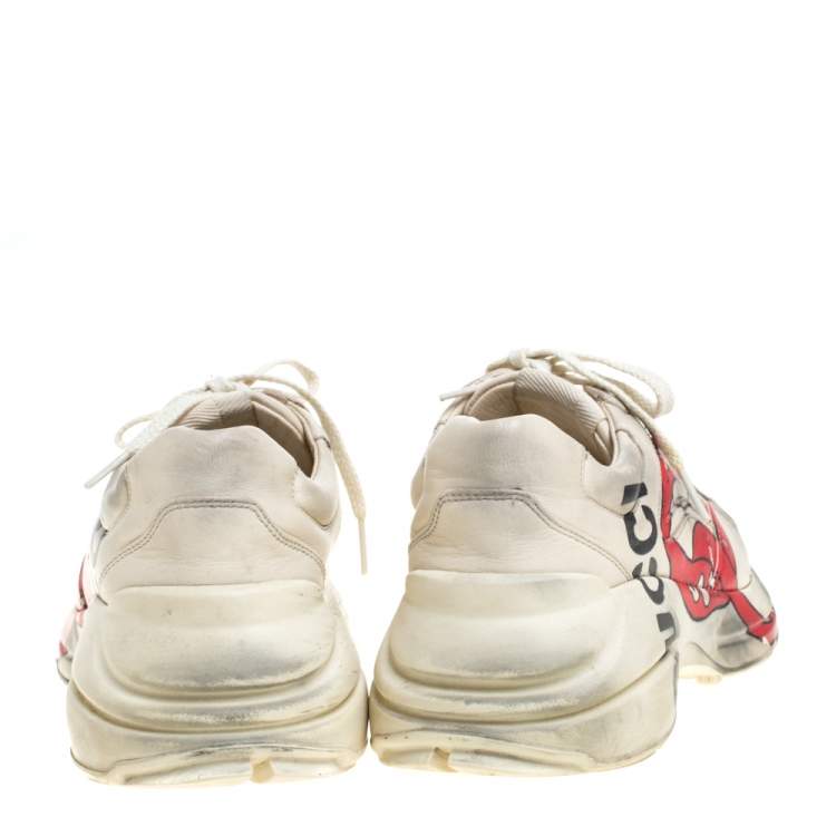 Pre Owned Gucci Cream/Grey Leather Rhyton Open Mouth Sneakers Size 38