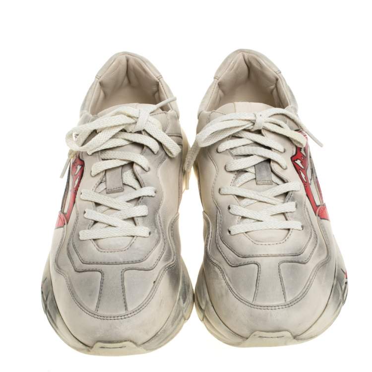 Pre Owned Gucci Cream/Grey Leather Rhyton Open Mouth Sneakers Size 38