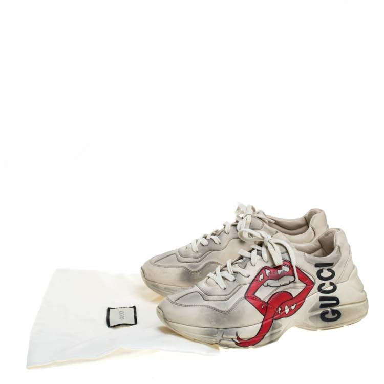 Pre Owned Gucci Cream/Grey Leather Rhyton Open Mouth Sneakers Size 38