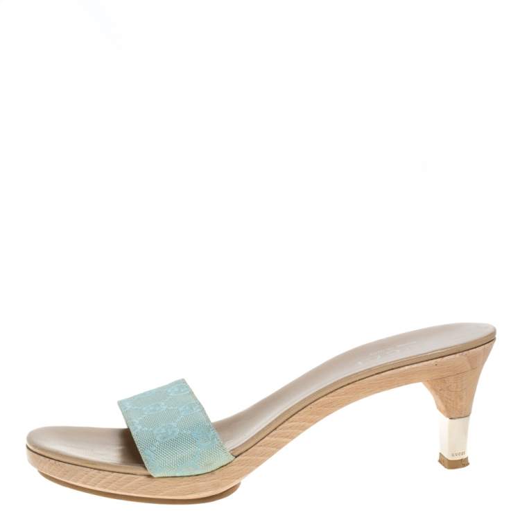 Pre Owned Gucci Gold/Light Blue GG Canvas Heel Slide Sandals Size 37