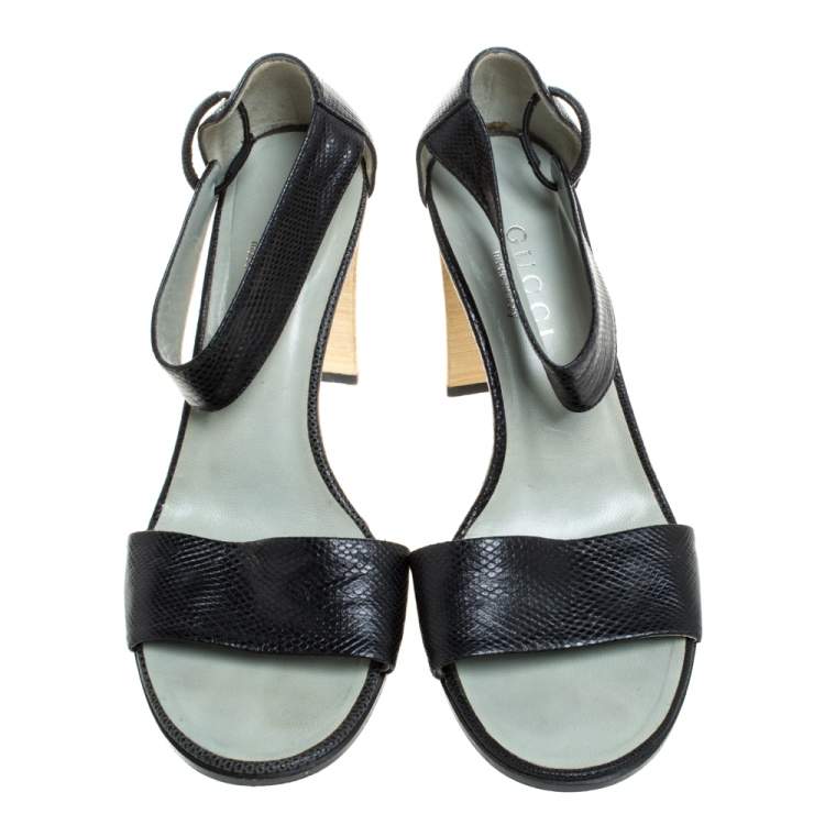 Pre Owned Gucci Vintage Black Snakeskin Ankle Cuff Open Toe Sandals Size 36
